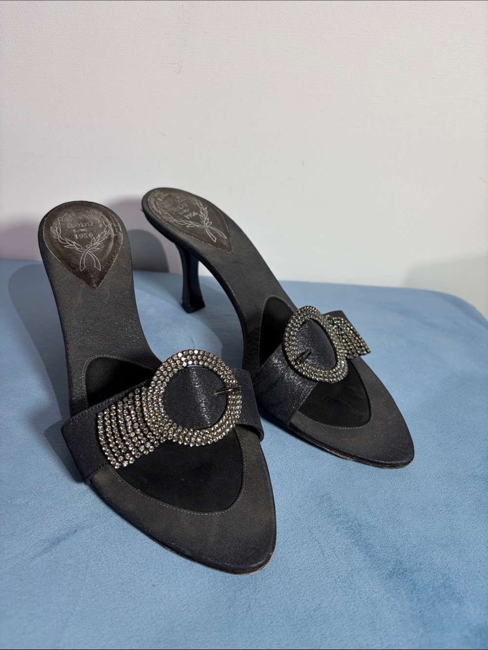 Rodo Italy Black Satin Rhinestone Buckle Slide Heels with Crystal Buckle 38